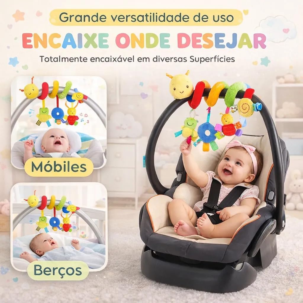 Brinquedo Espiral Sensorial Centopeia de Pelúcia Mobile para Carrinho de Bebê - Brinquedo Bebe 0 a 6 Meses, com Chocalho, Cores Vibrantes