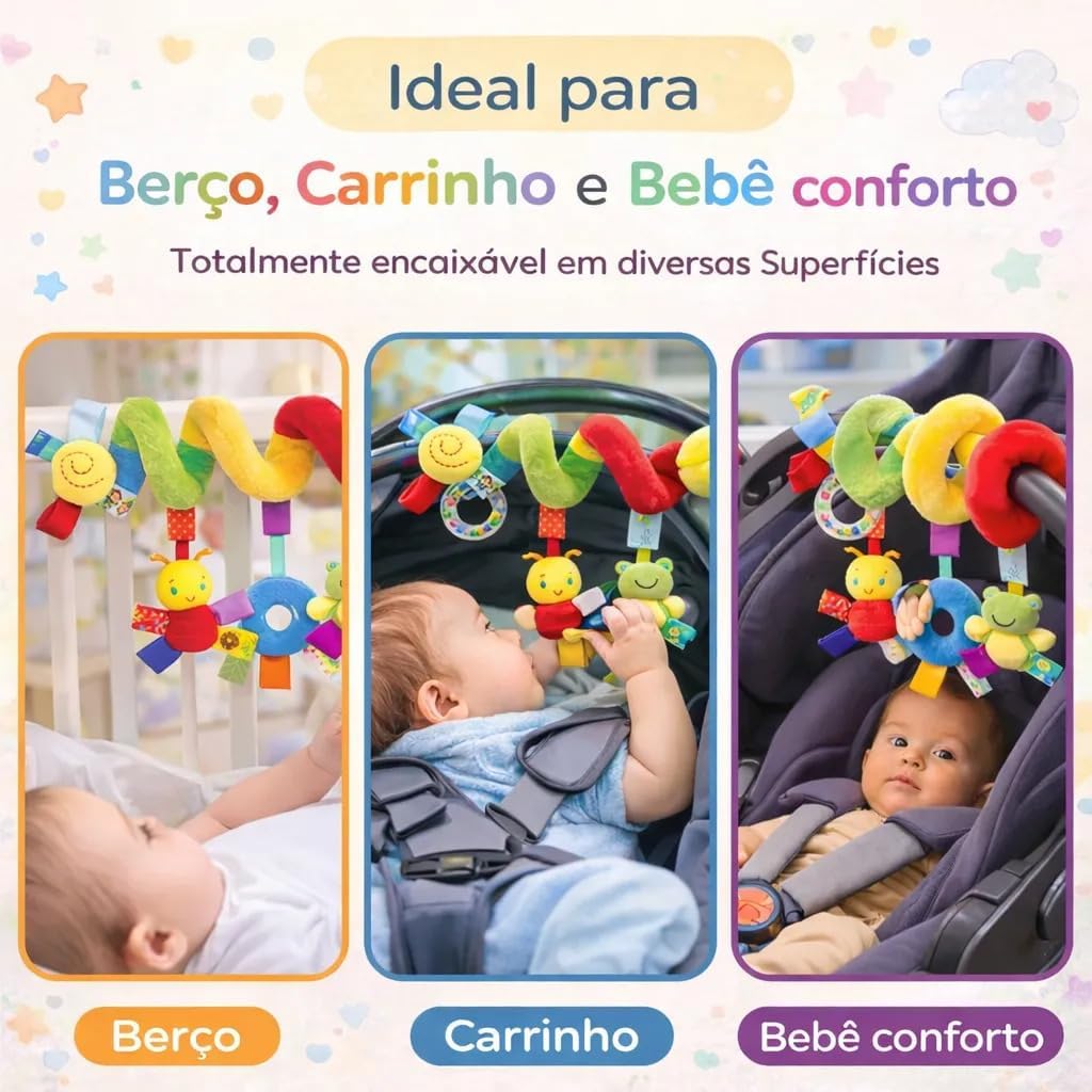 Brinquedo Espiral Sensorial Centopeia de Pelúcia Mobile para Carrinho de Bebê - Brinquedo Bebe 0 a 6 Meses, com Chocalho, Cores Vibrantes