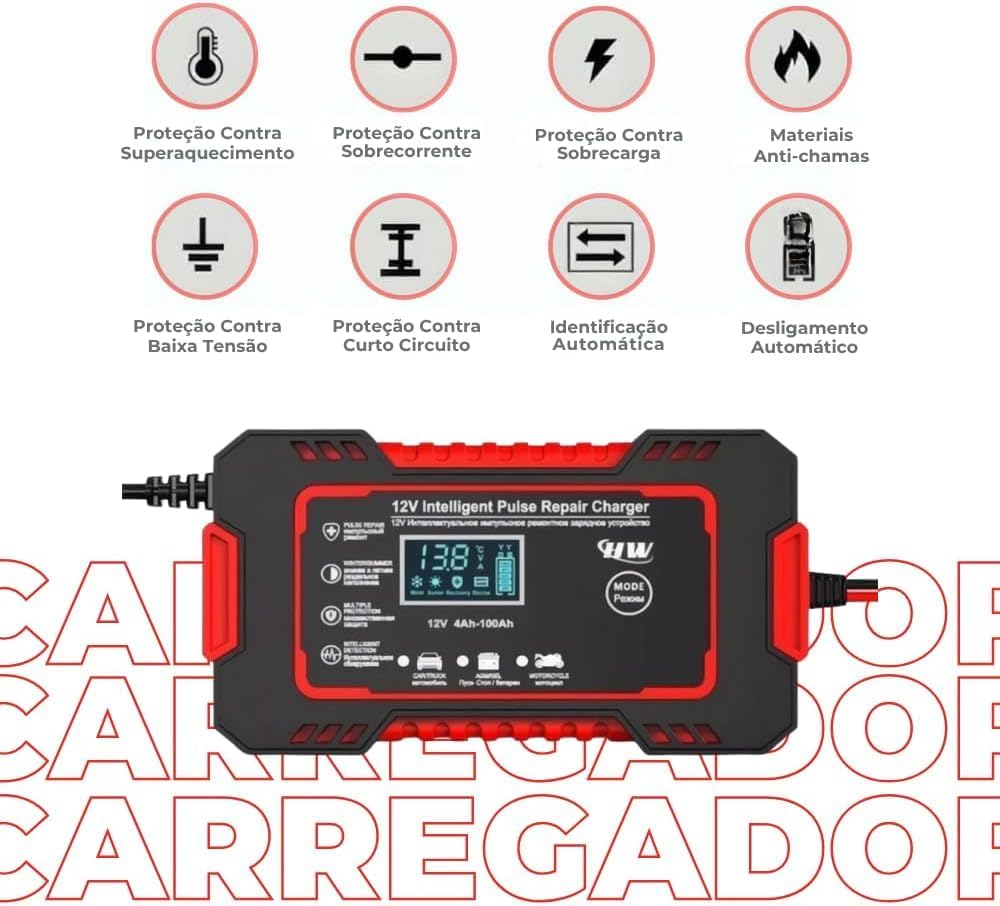 Carregador de Bateria Inteligente 12V 6A para Carros e Motos