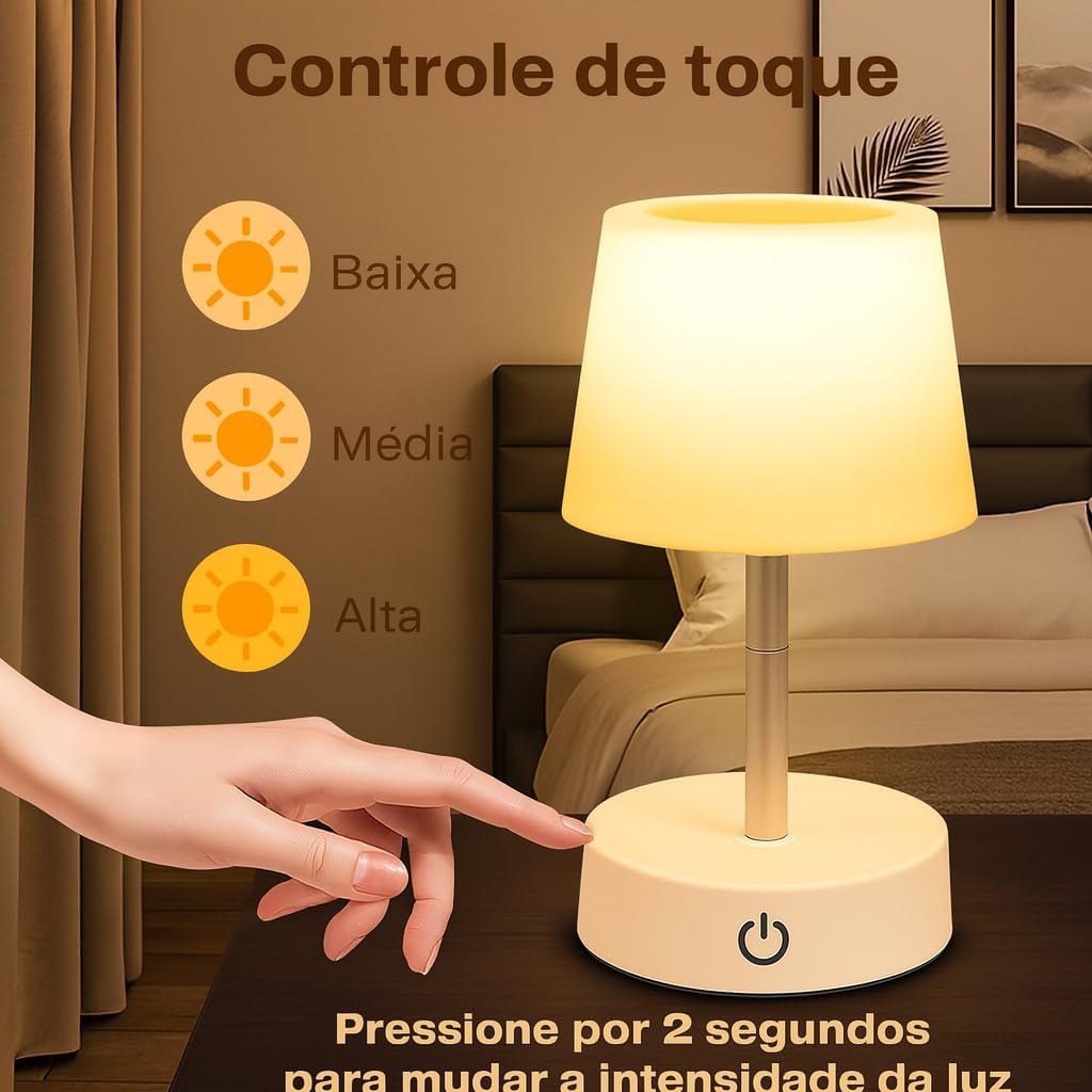 Luminária LED Branco Quente Recarregável USB com Acionamento por Toque