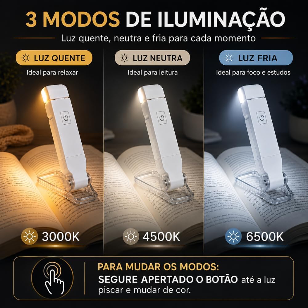 Luz de Leitura com 3 Modos de Iluminação