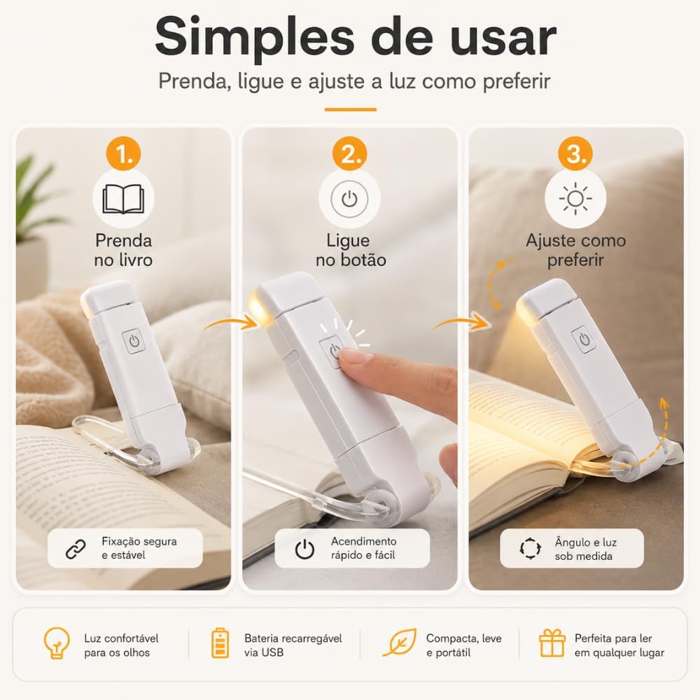 Luz de Leitura com 3 Modos de Iluminação