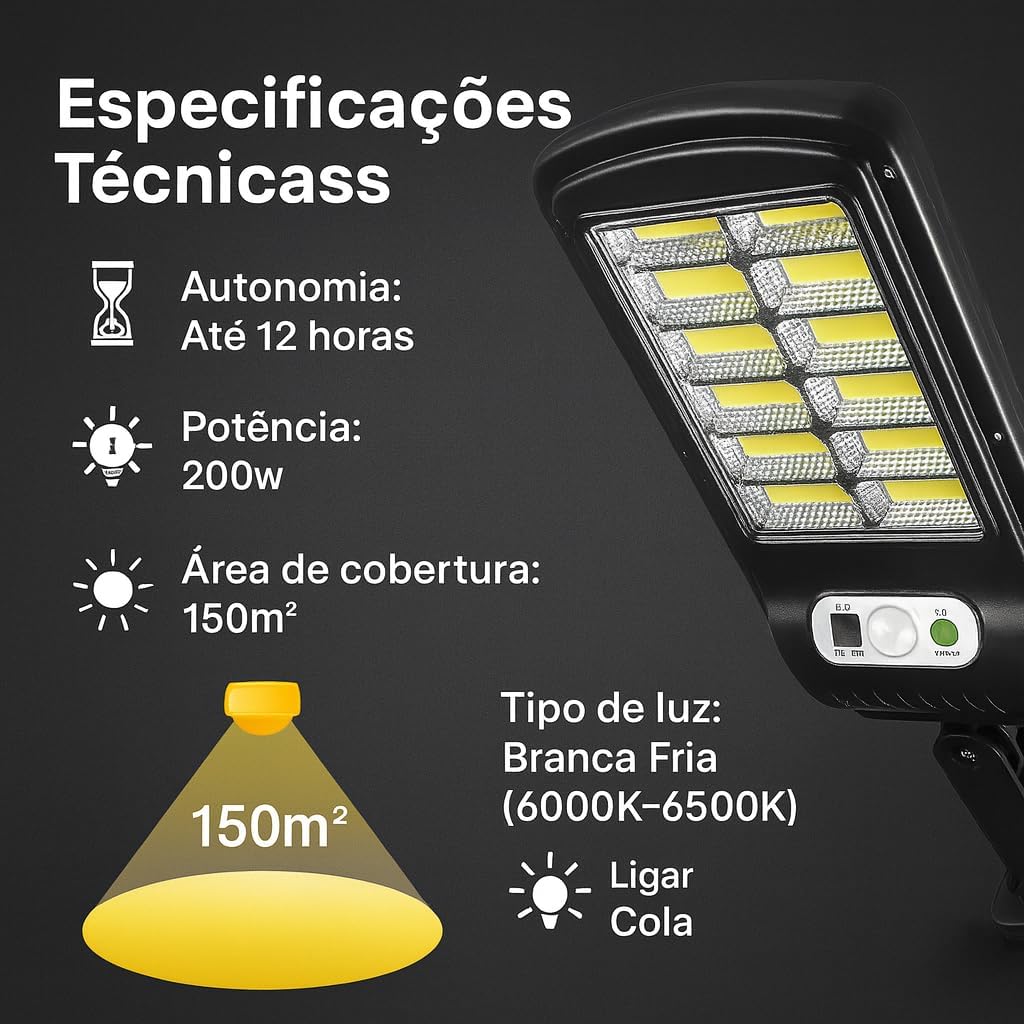 Refletor Solar 200W Ultra Brilhante para Áreas Externas