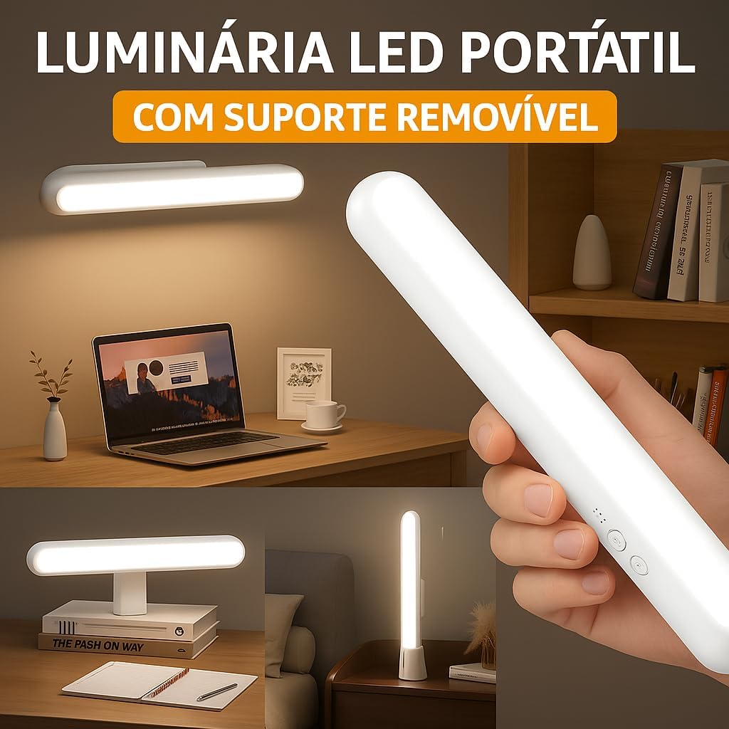 Luminária De Mesa Led Recarregável USB Touch com 2 Suportes Magnético e Base para Apoio de Mesa ideal para Parede Armário Cozinha, Banheiro e Mesa Led com Luz Ajustável 3 modos de Iluminação Premium