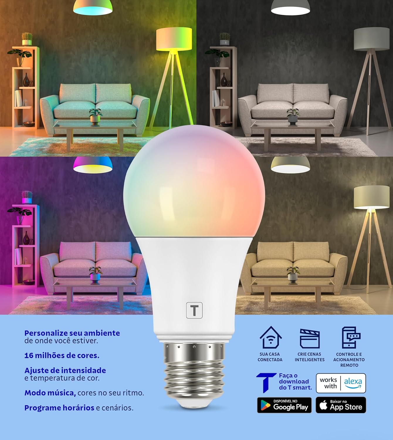 Lâmpada Inteligente 10W Wi-Fi e Bluetooth Bivolt 16 Milhões de Cores