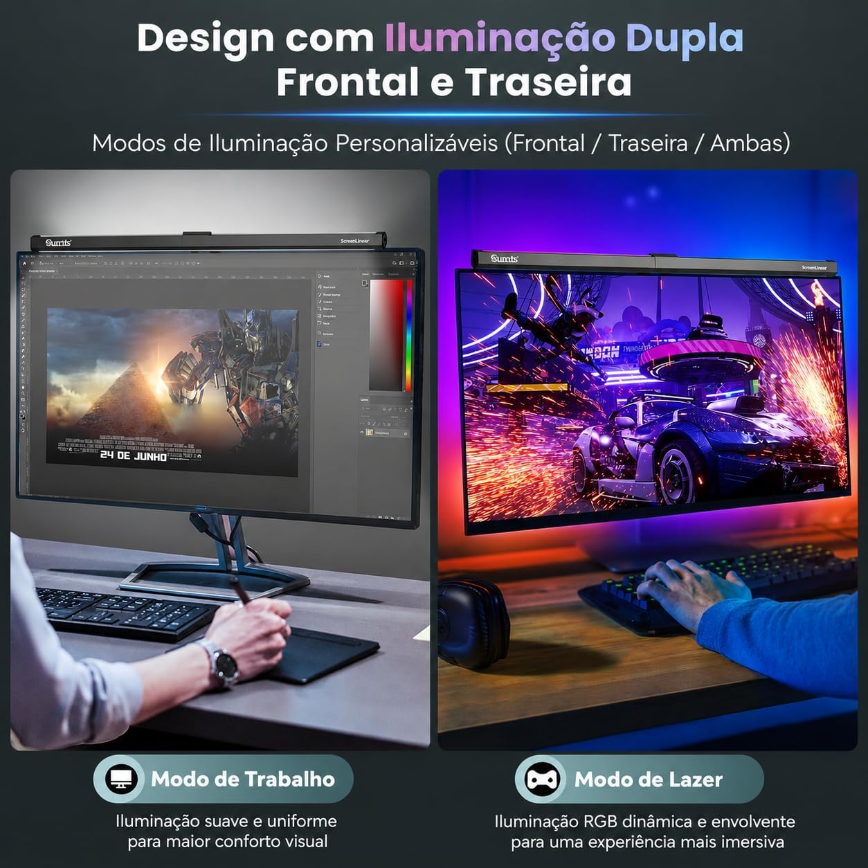 Quntis RGB Barra de Luz para Monitor Gamer com Luz de Fundo RGB e 15 Modos de Iluminação, Brilho Ajustável e 3 Temperaturas de Cor, CRI Ra95, para Home Office, Gaming e Proteção Ocular