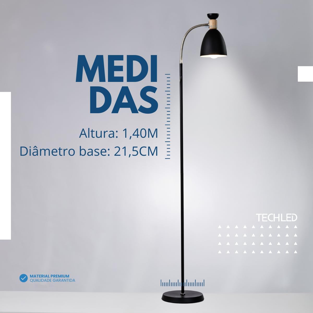 Abajur de chão flexivel luminaria chao articulada piso detalhe em madeira Techled (Preto)