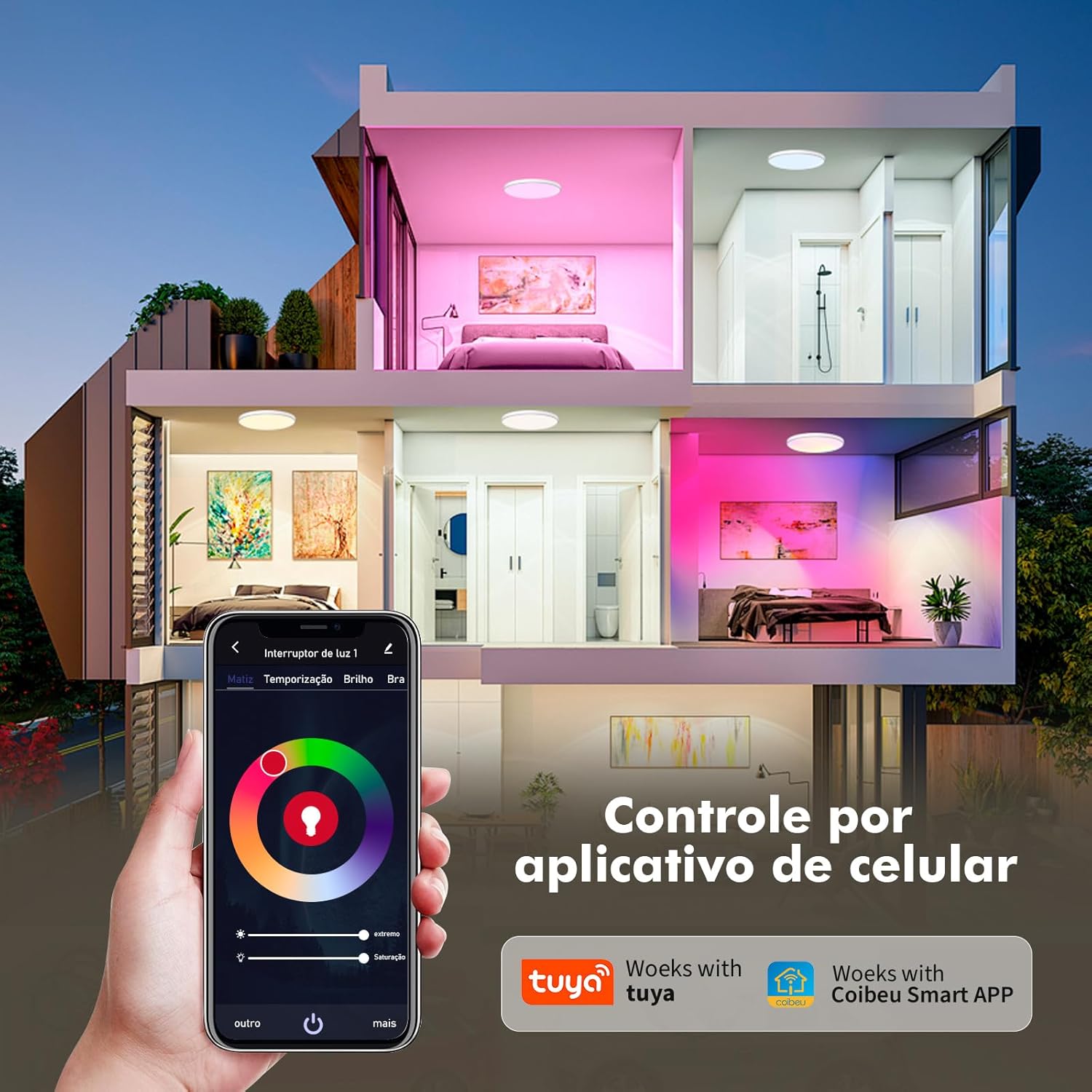 Luminaria de Teto, Plafon LED inteligente, Luz de Teto Inteligente Wi-Fi RGB+CCT 24W, Ø30 cm – Alexa/Google, App Tuya/Coibeu, 2700K-6500K, 800 lúmens