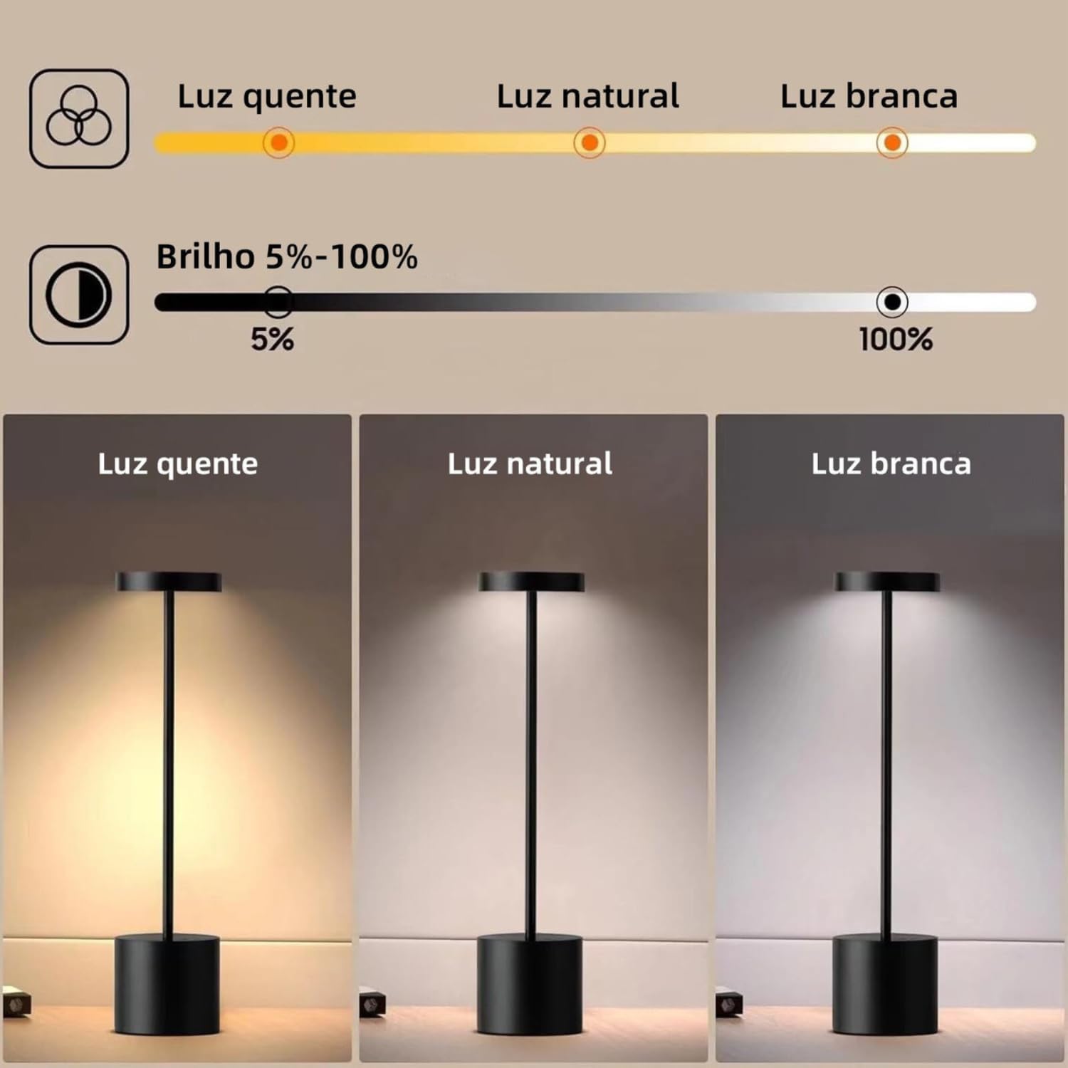 Luminária de Mesa Touch com 3 Modos de Luz Ajustáveis