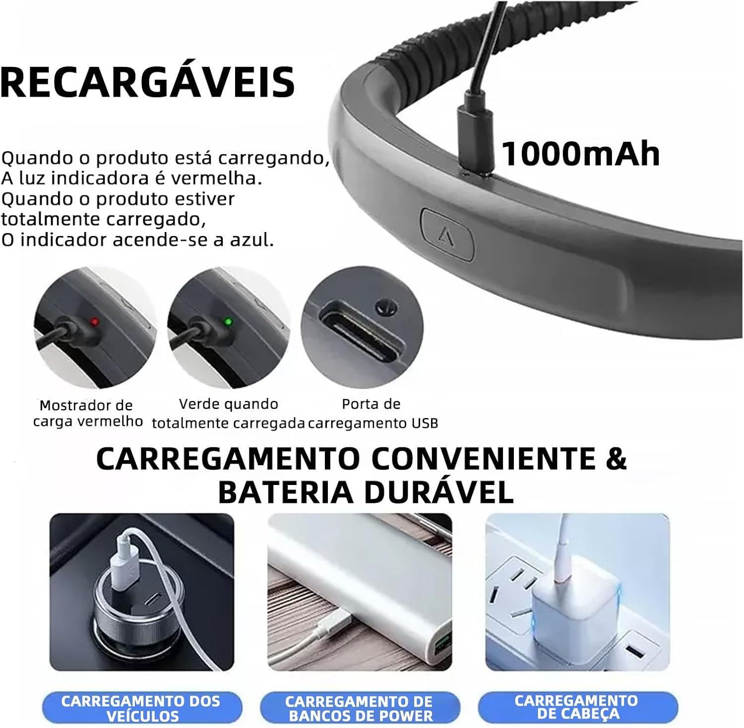 BEMMY Luz de Leitura Recarregável, Luz de Pescoço Dobrável com 3 Cores, Portátil e de Larga Duração para Leitura, Crochê e Costura, Luminaria de Livro 1000mAh. A única Loja Autorizada "Bemmy-BR".