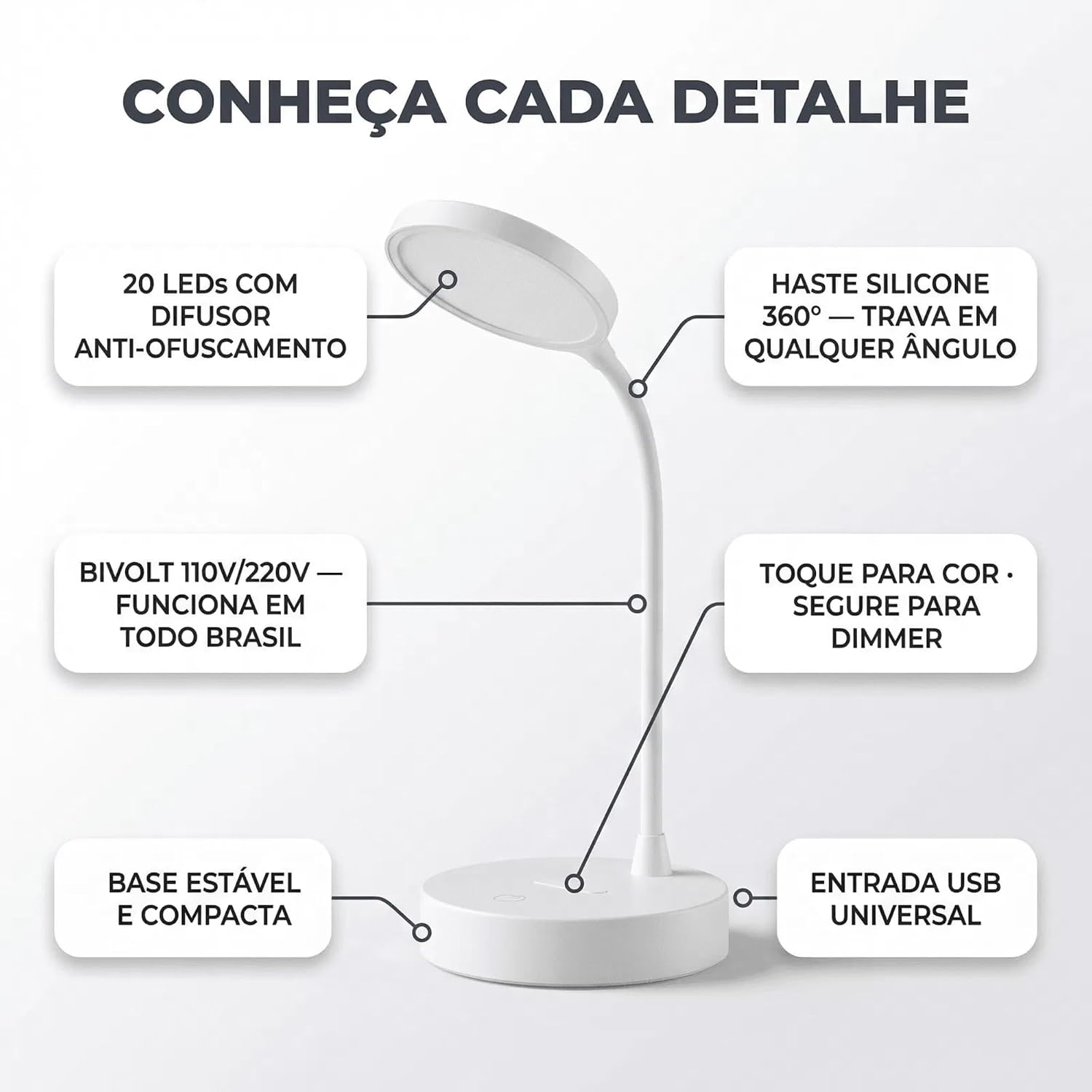 Luminária de Mesa LED com Controle Touch e Intensidade Ajustável