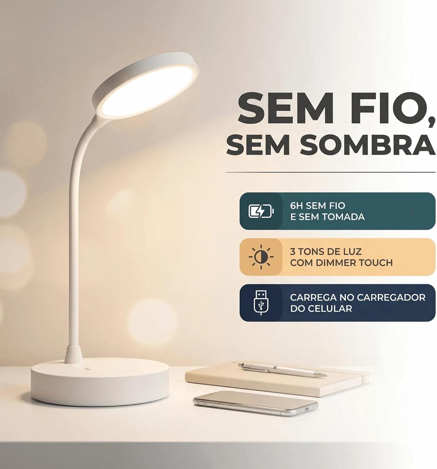 Luminária de Mesa LED com Controle Touch e Intensidade Ajustável