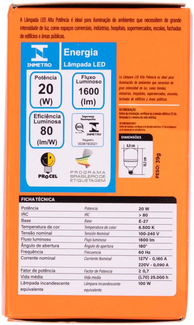 Lâmpada LED de Alta Potência 20W 1600 Lúmens