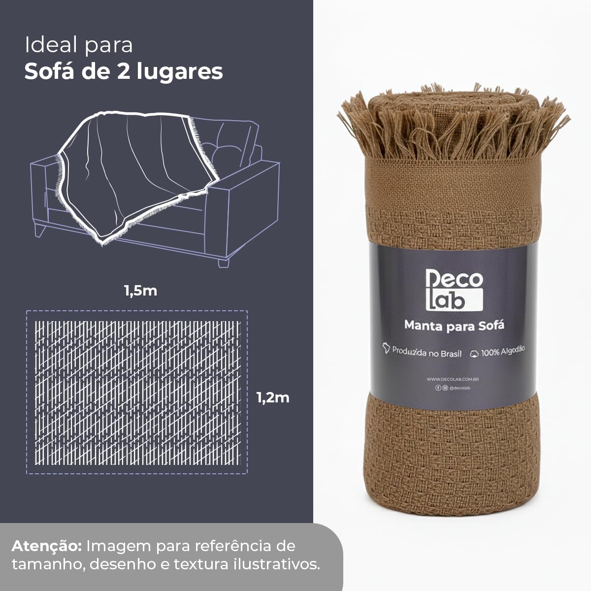 Decolab Manta Básica de Algodão Decorativa Moderna com Franja Estilo Boho para Poltrona, Sofá e Cama 150 x 120 cm em Acabamento Artesanal (Avelã)