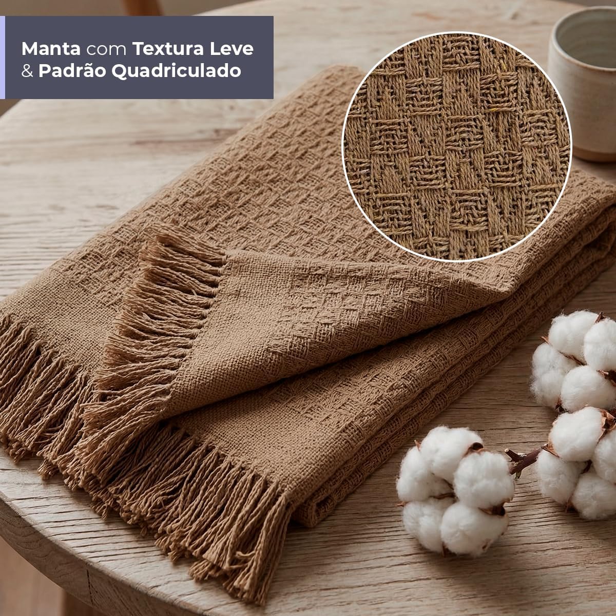 Decolab Manta Básica de Algodão Decorativa Moderna com Franja Estilo Boho para Poltrona, Sofá e Cama 150 x 120 cm em Acabamento Artesanal (Avelã)