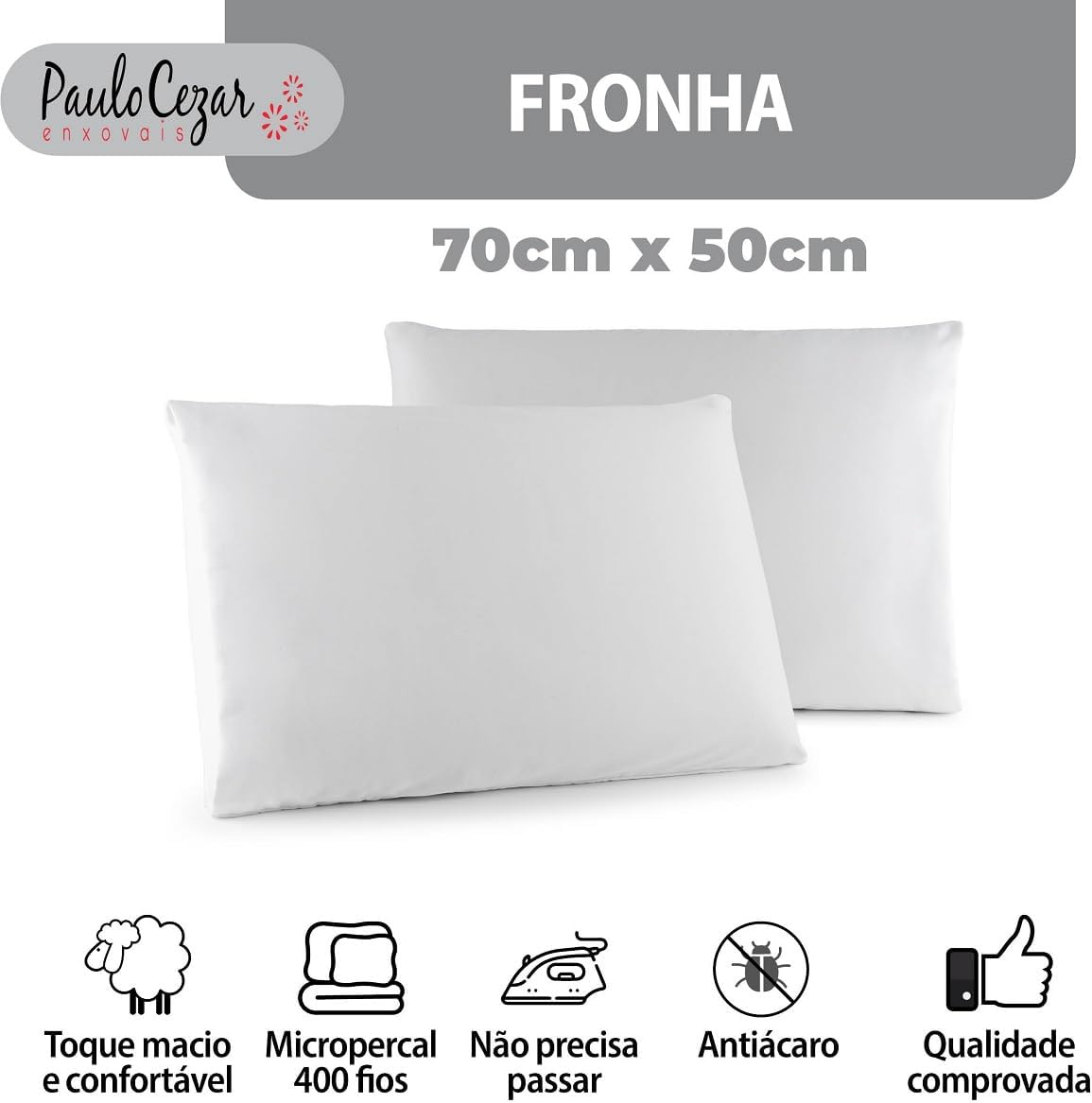 Kit 02 Fronhas Classic Tecido Percal 400 Fios 70x50 cm Antiácaro, Anti-pilling com Toque Macio - Branco