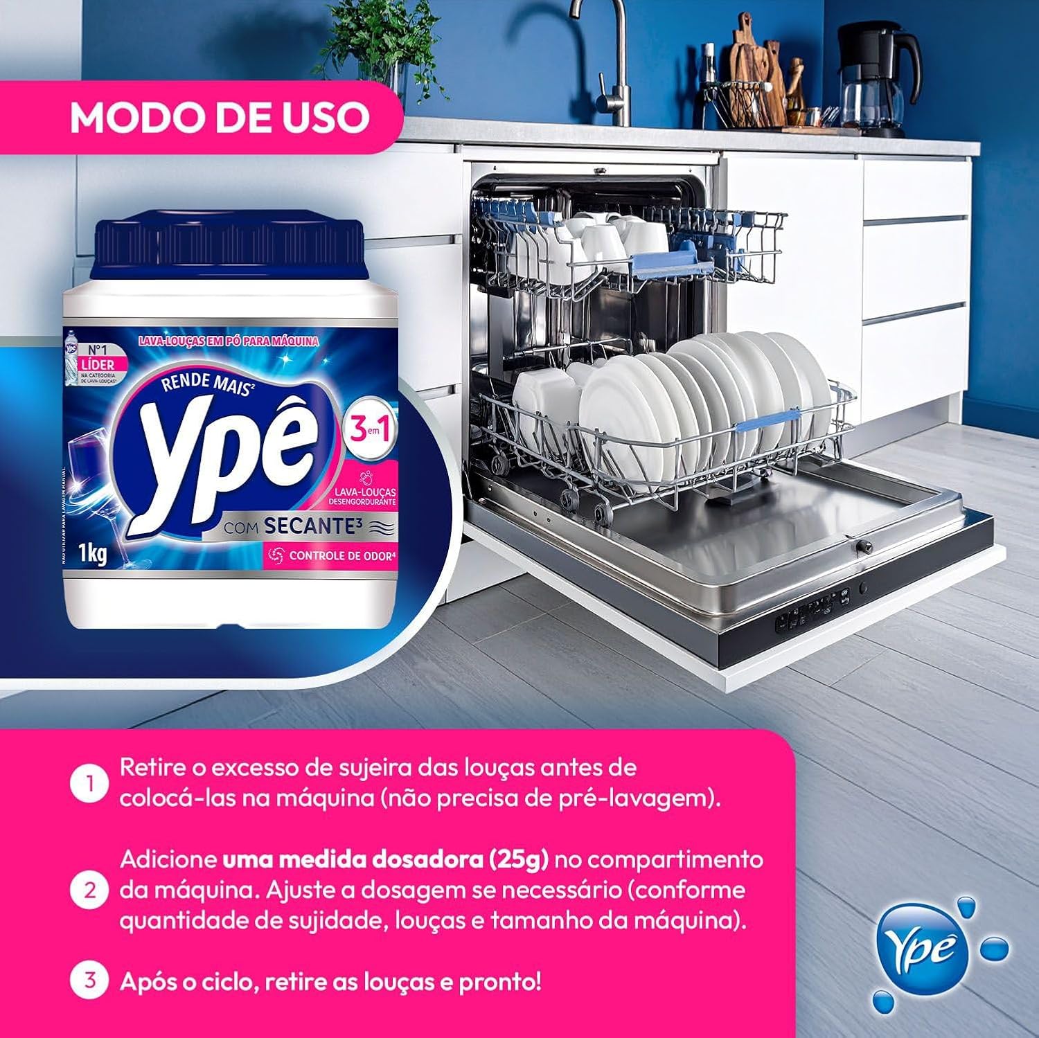 Detergente para Lava-Louças Ypê 3 em 1 com Enzimas e Oxigênio Ativo