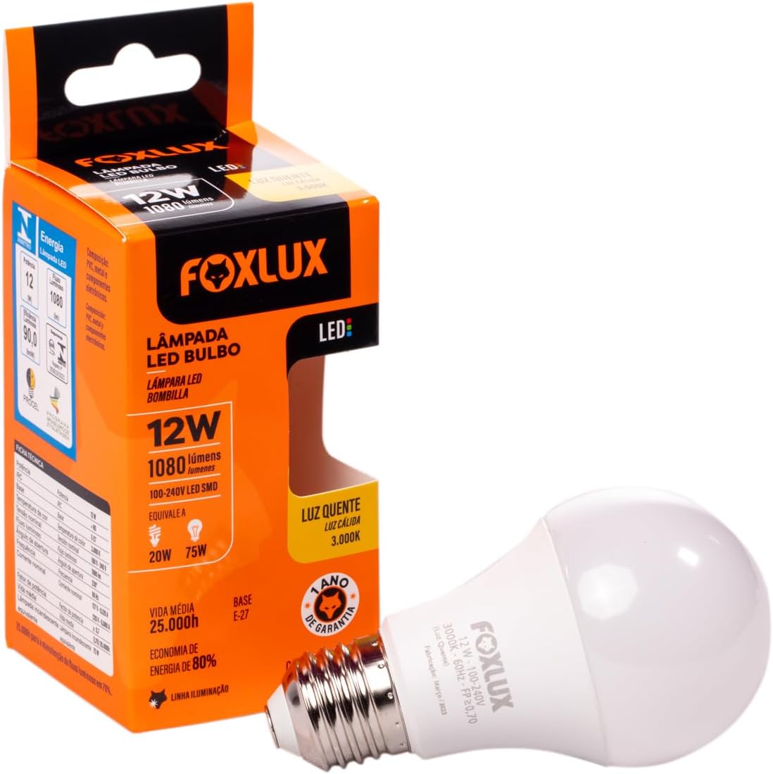 Lâmpada LED Bulbo Foxlux – 12W – 3000K – Luz Amarela – 1080 lm – Base E-27 – Bivolt – Vida média: 25.000h request change Lâmpada LED Bulbo 12W 3000K Bivolt - Luz Quente
