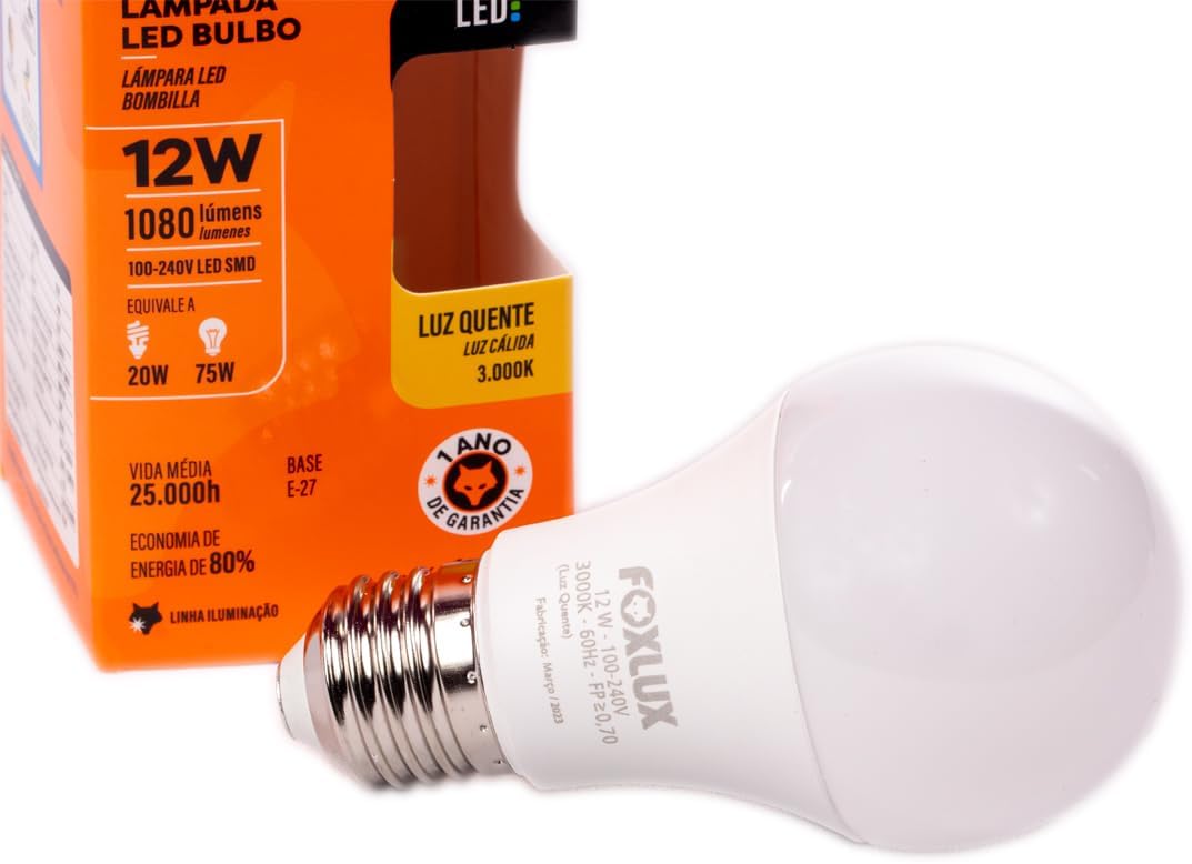 Lâmpada LED Bulbo Foxlux – 12W – 3000K – Luz Amarela – 1080 lm – Base E-27 – Bivolt – Vida média: 25.000h request change Lâmpada LED Bulbo 12W 3000K Bivolt - Luz Quente