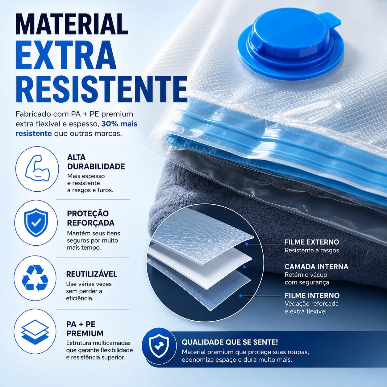 Kit 10 Sacos a Vácuo 50x60cm com Bomba Manual – Organizador de Roupas para Viagem e Armário, Economia de Espaço até 80%, Reutilizável, Proteção Contra Umidade, Poeira e Odores