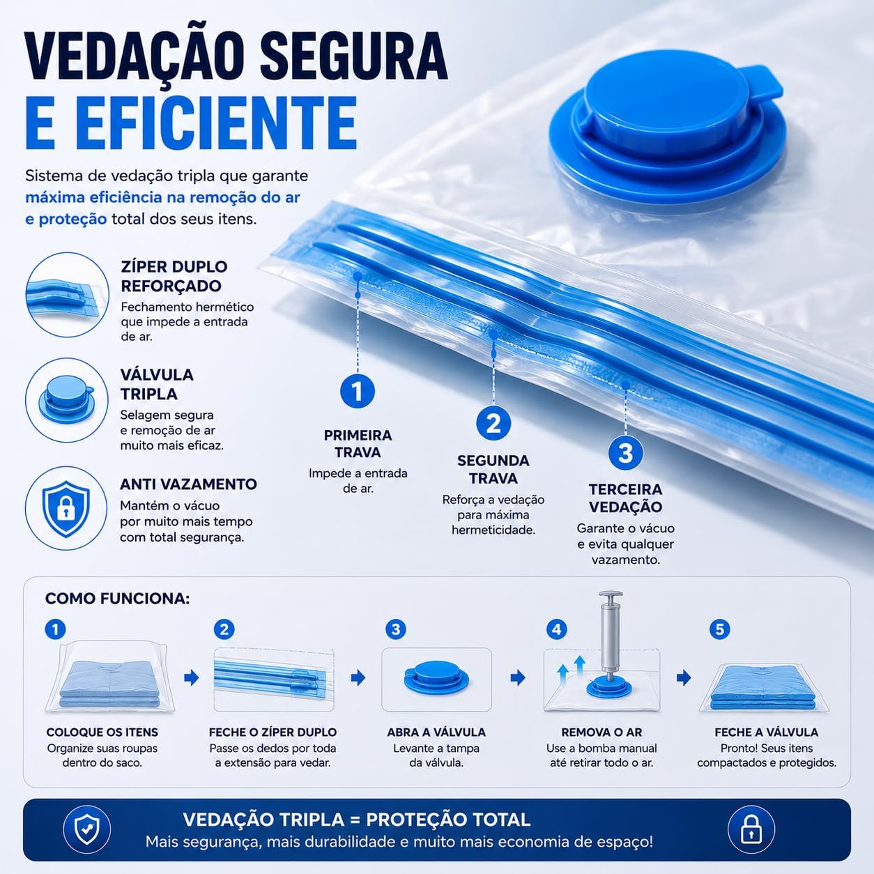 Kit 10 Sacos a Vácuo 50x60cm com Bomba Manual – Organizador de Roupas para Viagem e Armário, Economia de Espaço até 80%, Reutilizável, Proteção Contra Umidade, Poeira e Odores