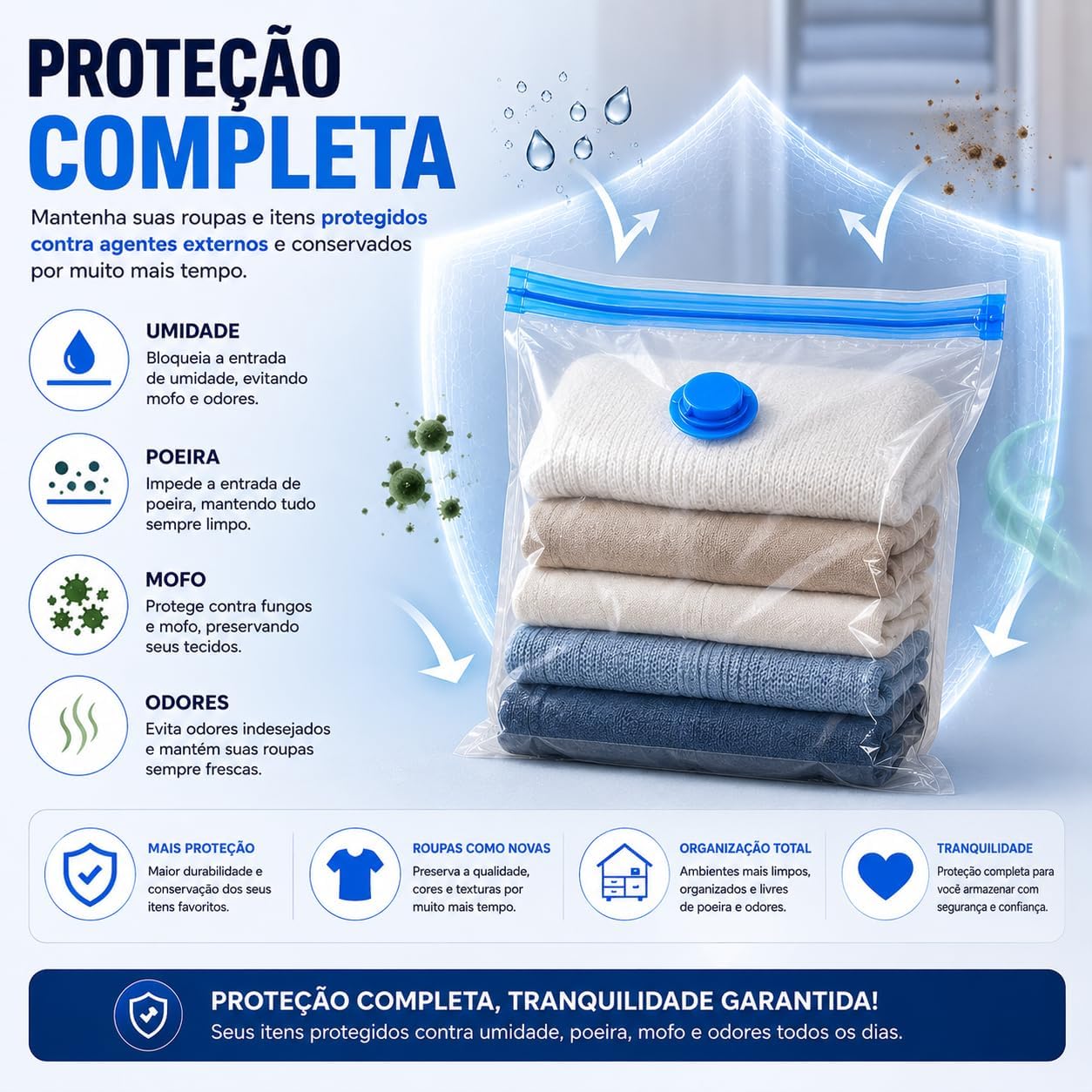 Kit 10 Sacos a Vácuo 50x60cm com Bomba Manual – Organizador de Roupas para Viagem e Armário, Economia de Espaço até 80%, Reutilizável, Proteção Contra Umidade, Poeira e Odores