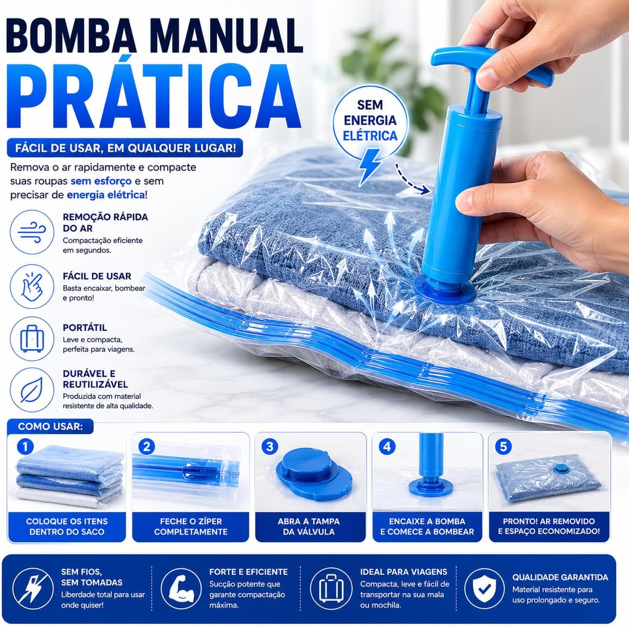 Kit 10 Sacos a Vácuo 50x60cm com Bomba Manual – Organizador de Roupas para Viagem e Armário, Economia de Espaço até 80%, Reutilizável, Proteção Contra Umidade, Poeira e Odores