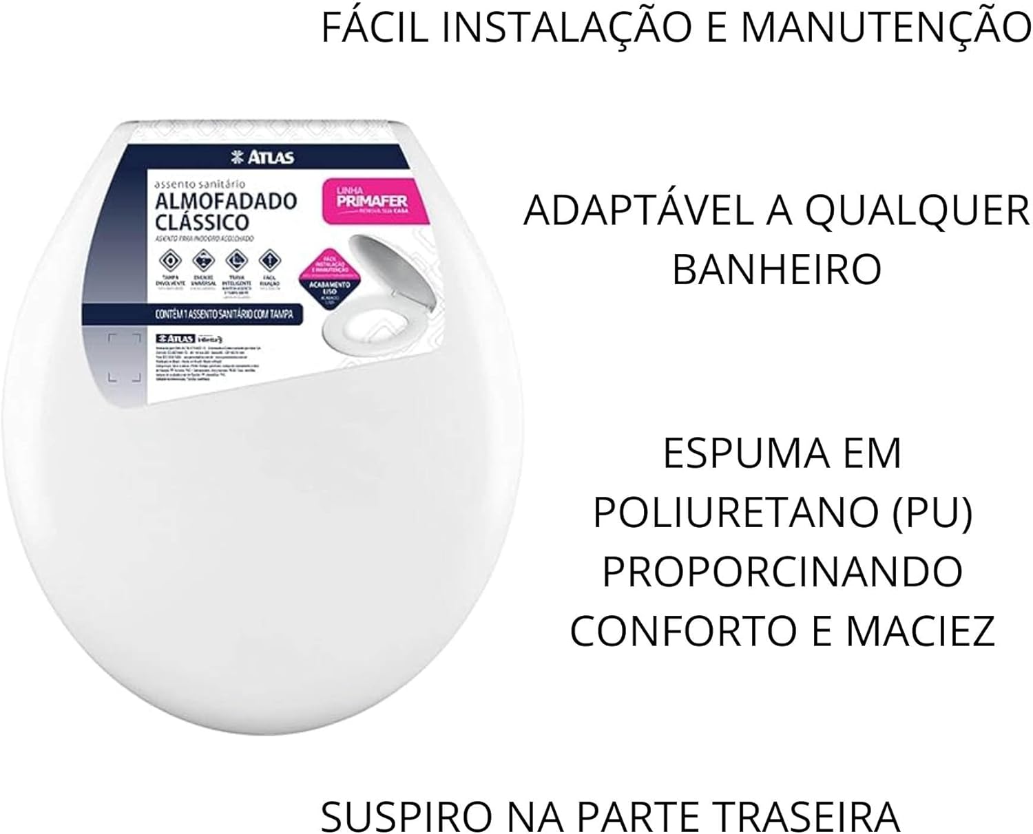 Atlas - Assento Sanitário Plástico Almofadado Clássico com Kit de Fixação, Cor Branca