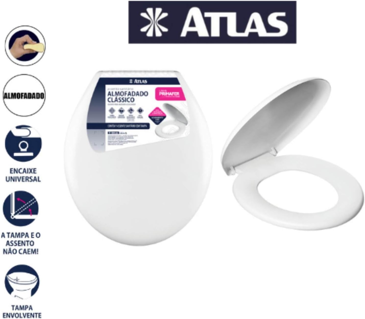 Atlas - Assento Sanitário Plástico Almofadado Clássico com Kit de Fixação, Cor Branca