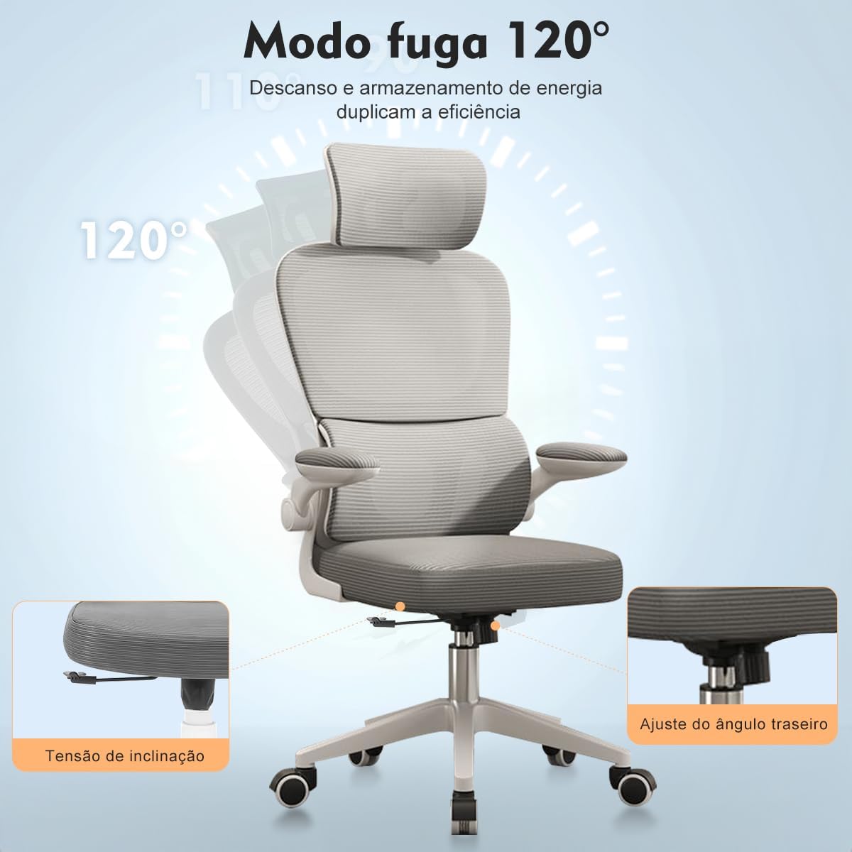 Cadeira de escritório, design ergonômico com suporte lombar independente, malha respirável e encosto de cabeça ajustável (Cinza)