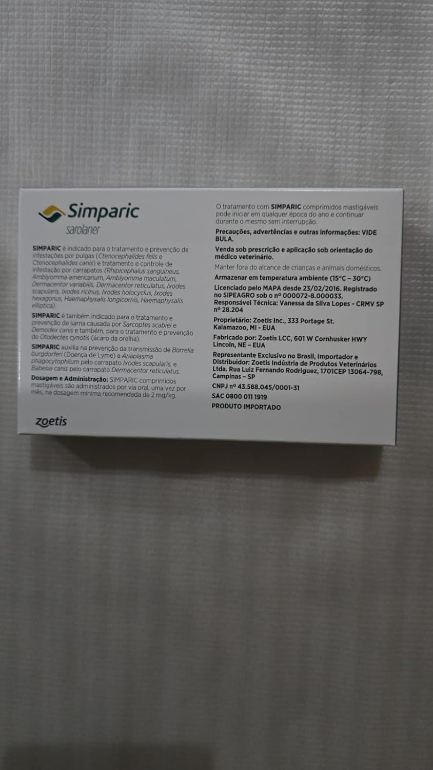Zoetis Simparic 10Mg Para Cães De 2 6 A 5Kg Com 3 Comprimidos
