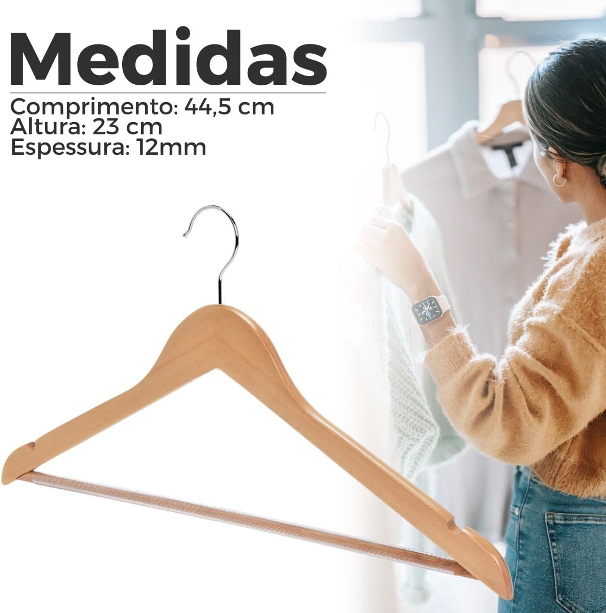 Cabides de Madeira Maciça Marfim Reforçados até 5kg
