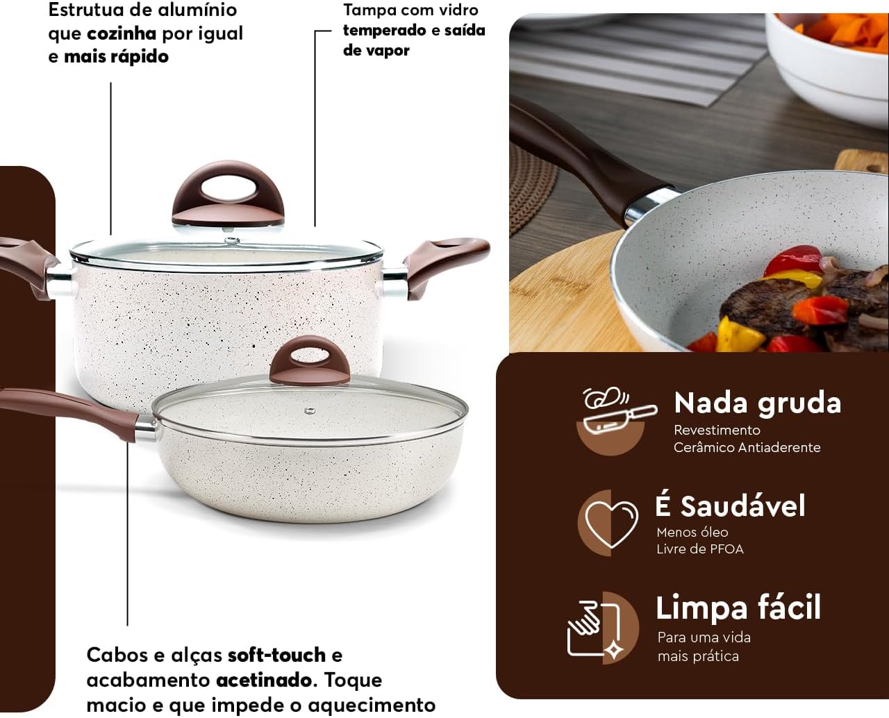 Brinox - Jogo de Panelas 8 Peças Ceramic Life Smart Plus - Vanilla