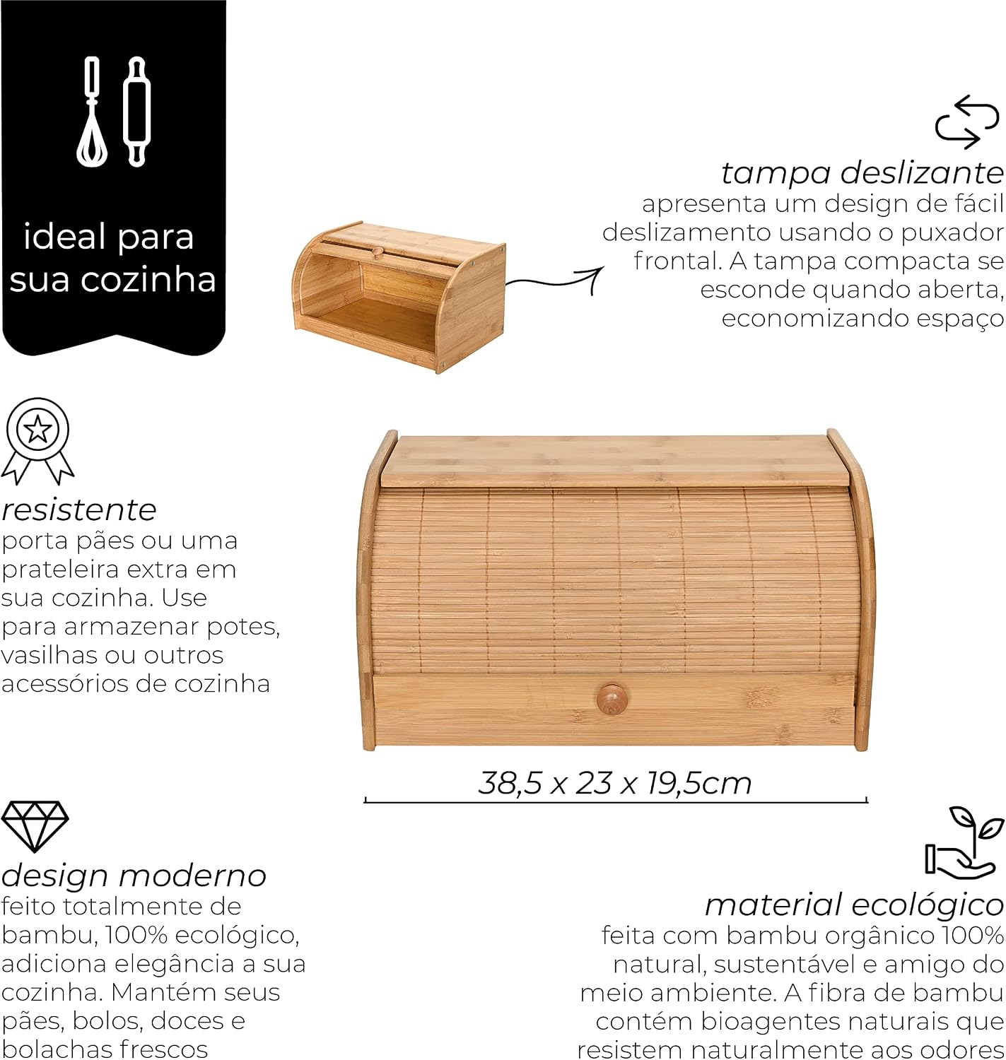 Mimo Style Porta Pães Com Tampa Retrátil, Feito Inteiramente de Bambu Ecokitchen. Perfeita Para Armazenar Pães, Bolachas e outras coisas. Resistente, Durável e 100% Ecológica