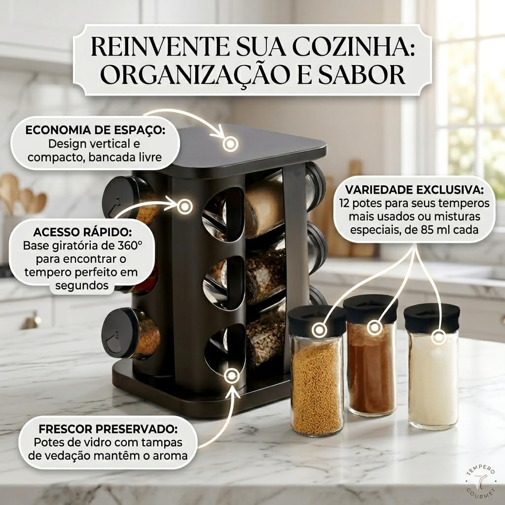 Porta Tempero Condimentos Giratório Preto Com 12 Potes 85ml