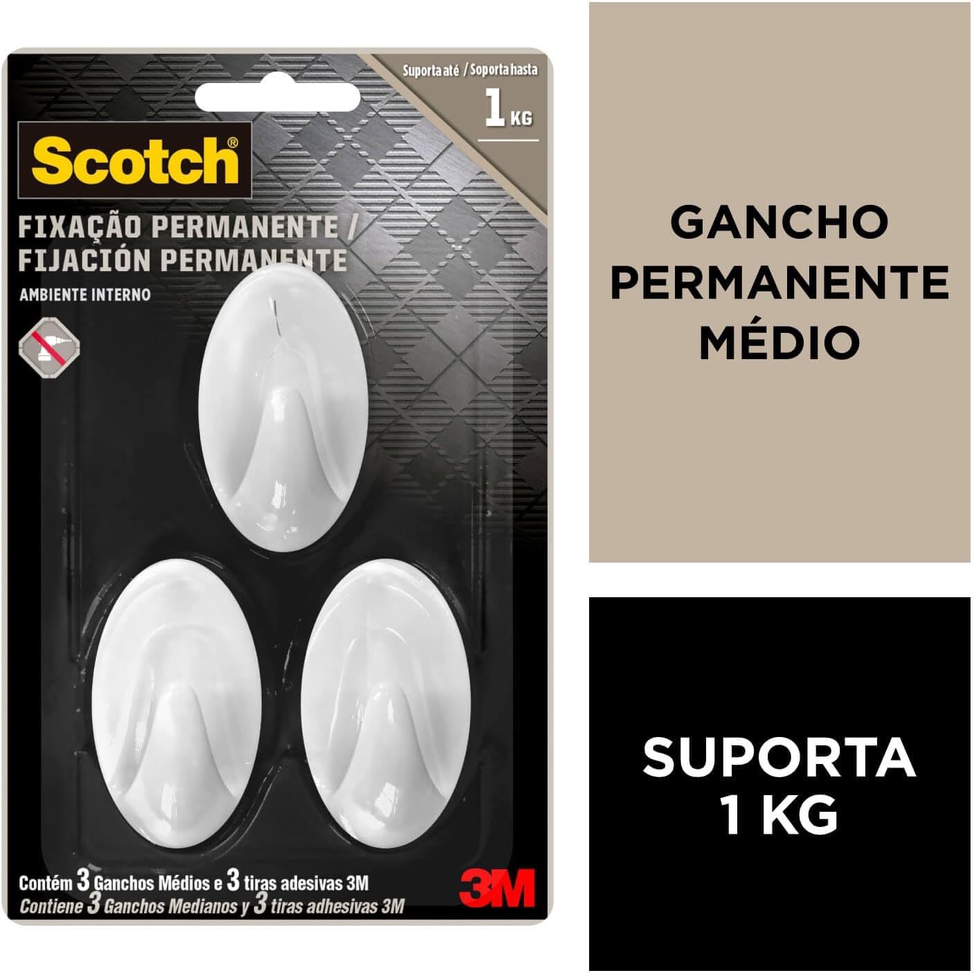 Scotch, 3M, Gancho Adesivo, Fixação Permanente, Sem Furos, Branco, 3 unidades