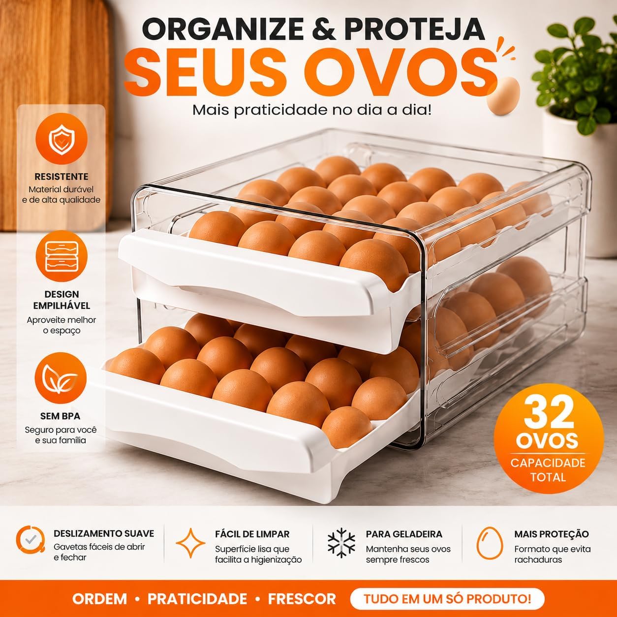 Porta Ovos para Geladeira 32 Unidades, Caixa Acrílica Transparente com Gaveta Deslizante, 2 Andares Empilhável, Organizador de Ovos Premium BPA Free para Cozinha e Organização Inteligente (Branco)