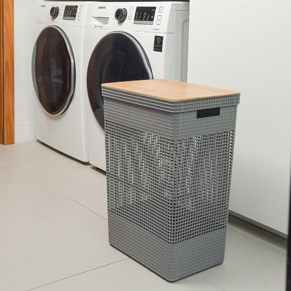 Ou Cesto de Roupas com Tampa de Bambu 49L Branco Oceano Linha Grid