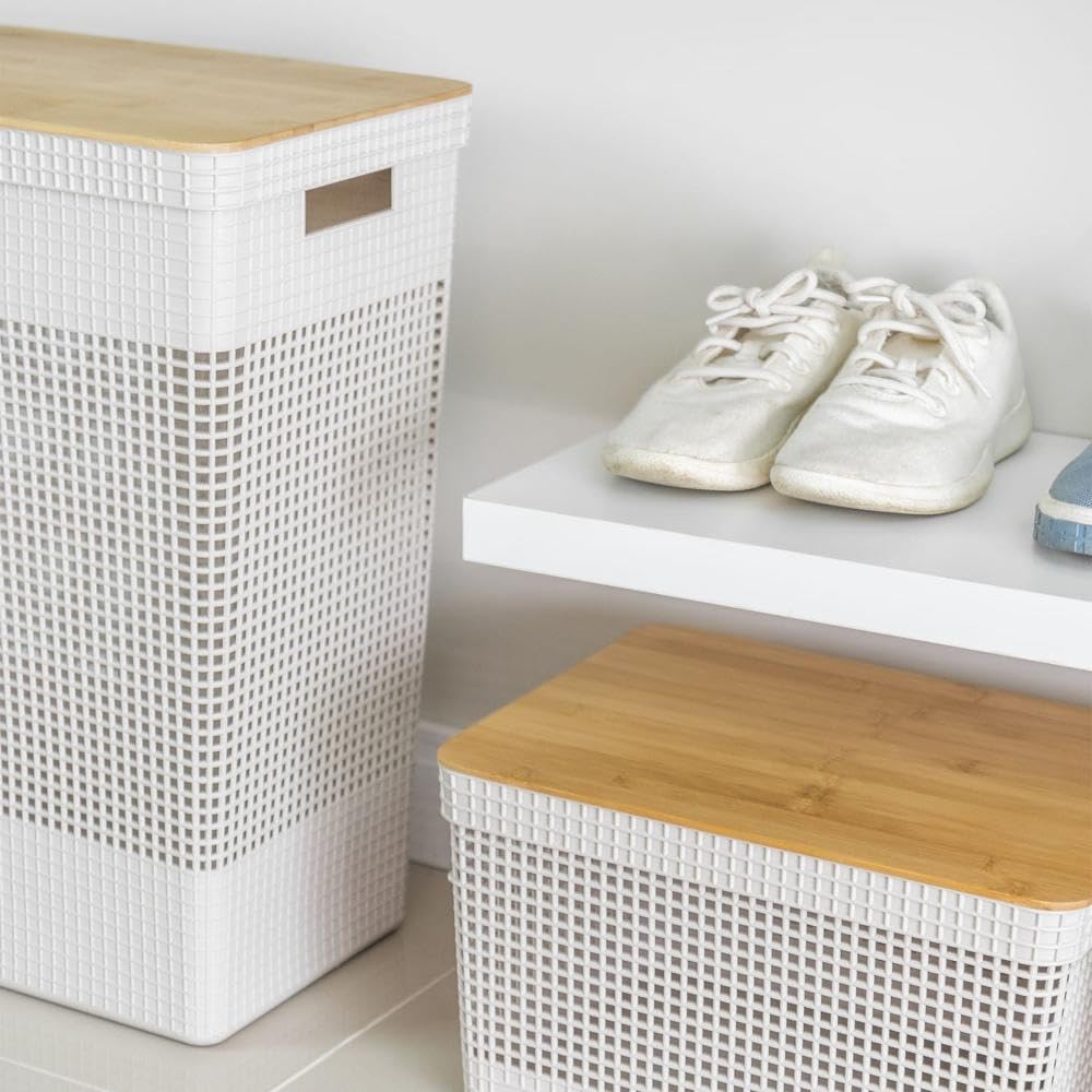 Ou Cesto de Roupas com Tampa de Bambu 49L Branco Oceano Linha Grid