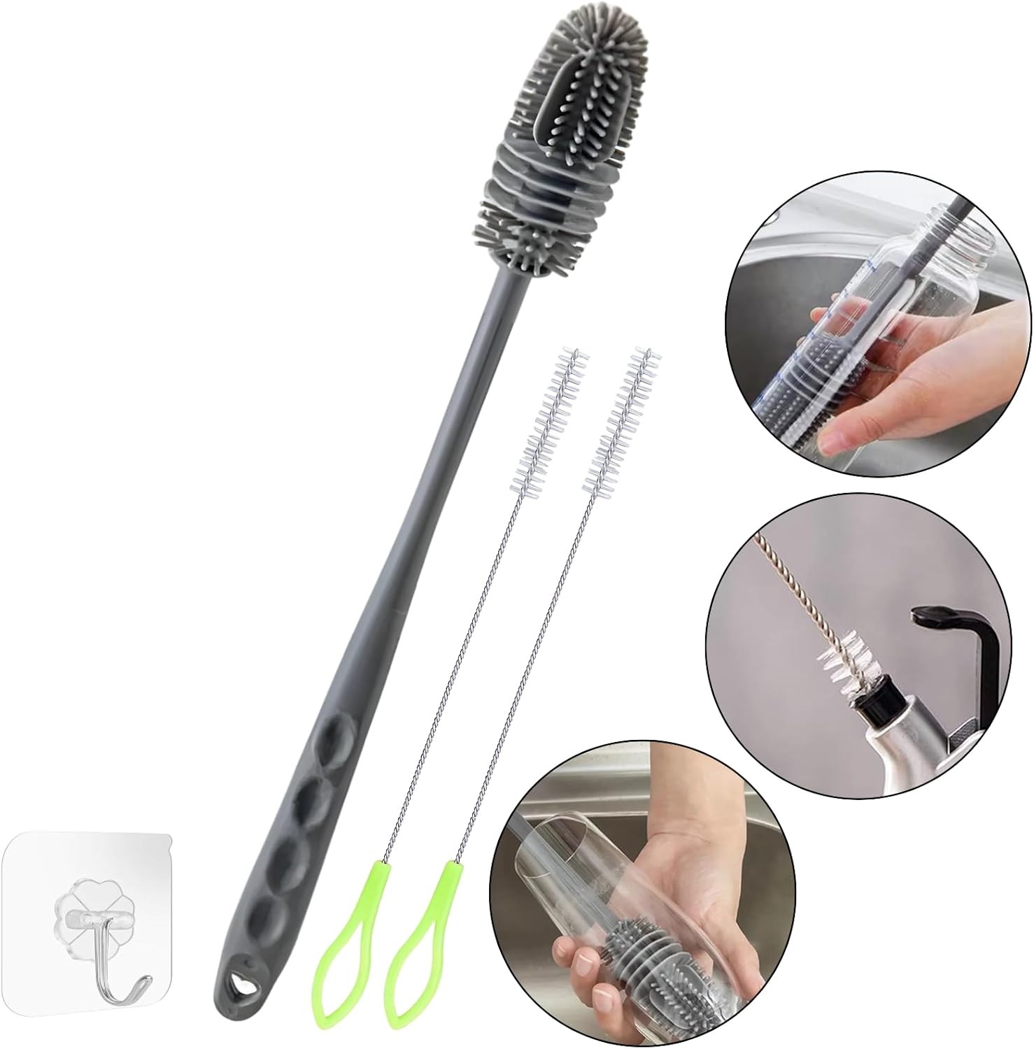 Kit Escovas para Lavar Garrafas e Canudos - Escova de Silicone para Limpeza de Mamadeira e Garrafa + 2 Escovas para Canudos + Gancho adesivo – Não Risca e Alcança Áreas Difíceis