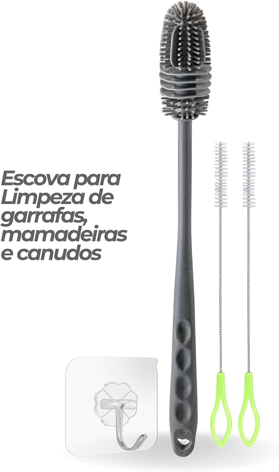 Kit Escovas para Lavar Garrafas e Canudos - Escova de Silicone para Limpeza de Mamadeira e Garrafa + 2 Escovas para Canudos + Gancho adesivo – Não Risca e Alcança Áreas Difíceis