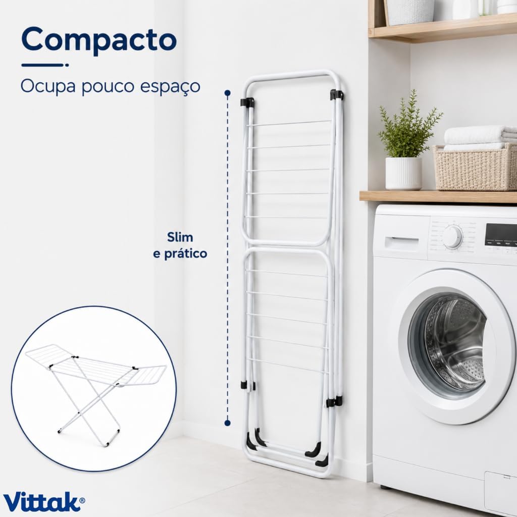 Vittak Varal de Chão Dobrável Slim Branco Com Abas Laterais Resistente Compacto Portátil - Até 15kg