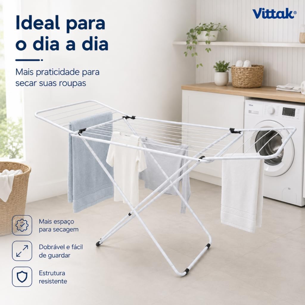 Vittak Varal de Chão Dobrável Slim Branco Com Abas Laterais Resistente Compacto Portátil - Até 15kg