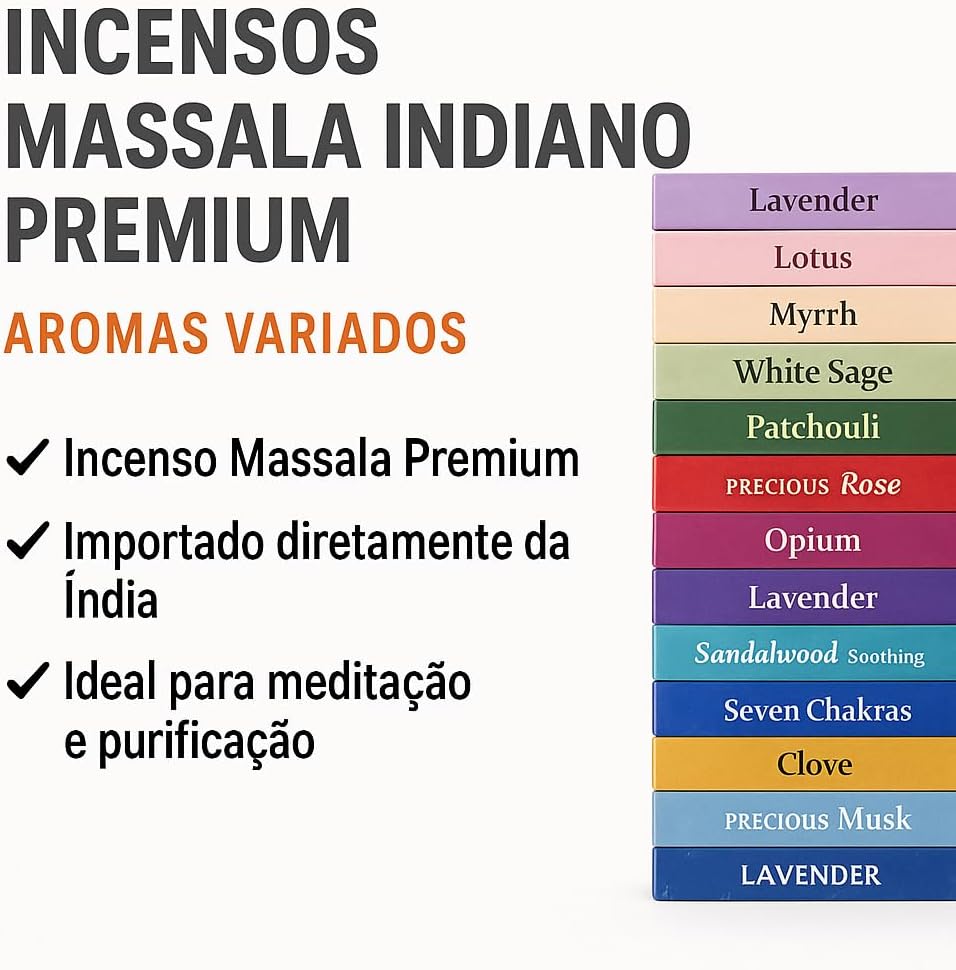Kit 14 Incenso Natural Massala Indiano Premium 7 Varetas No Total 98 | 14 Dos Melhores Aromas | 40m Queima | Importado da índia