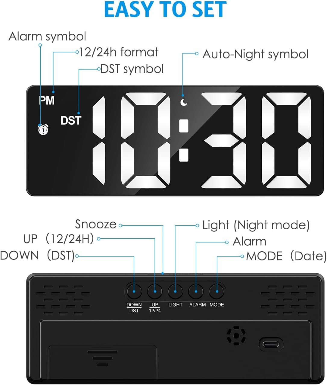 (Versão atualizada) Relógio despertador digital, Relógio LED para quarto, Relógio eletrônico de mesa com visor de temperatura, brilho ajustável, controle de voz, visor 12/24H para casa, dormitório, escritório