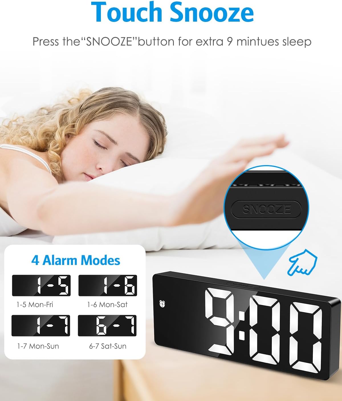(Versão atualizada) Relógio despertador digital, Relógio LED para quarto, Relógio eletrônico de mesa com visor de temperatura, brilho ajustável, controle de voz, visor 12/24H para casa, dormitório, escritório