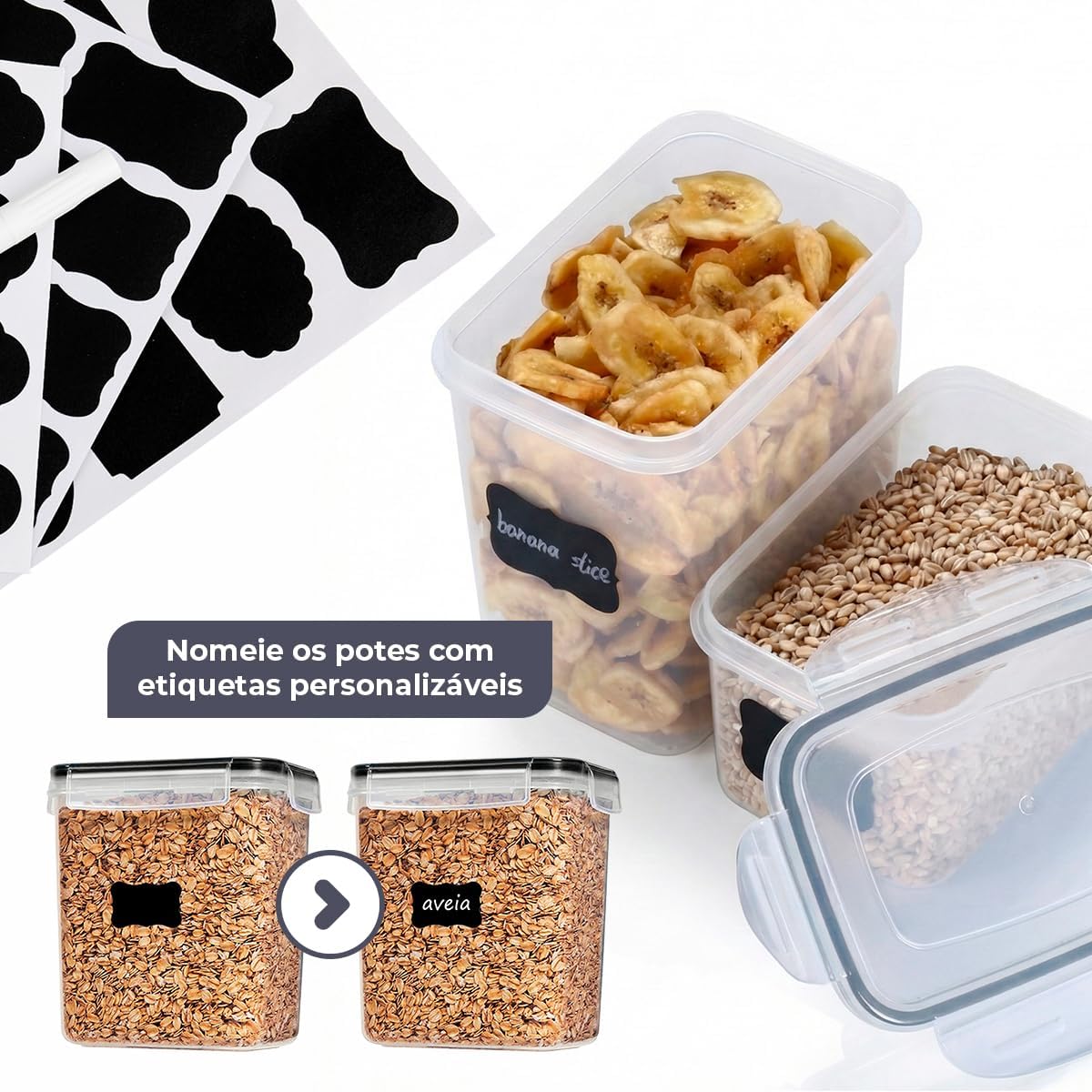 Decolab Kit Potes Herméticos com Vedação de Silicone Plástico BPA Free - Organizador de Geladeira, Porta Cereais, Temperos e Mantimentos (7, Transparente, Retangular) 2x0,8L / 2x1,4L / 2x2,0 / 1x2,8L