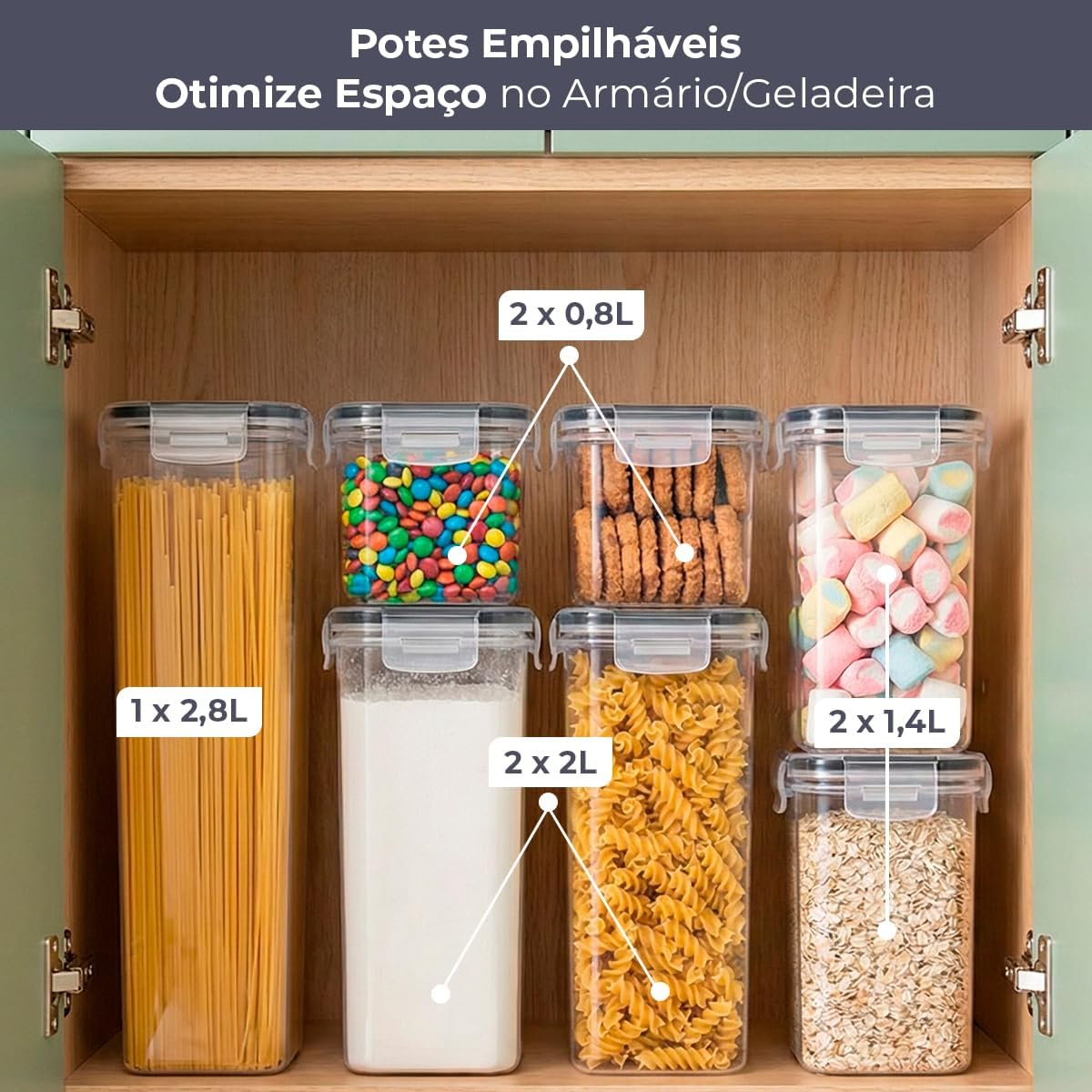 Decolab Kit Potes Herméticos com Vedação de Silicone Plástico BPA Free - Organizador de Geladeira, Porta Cereais, Temperos e Mantimentos (7, Transparente, Retangular) 2x0,8L / 2x1,4L / 2x2,0 / 1x2,8L
