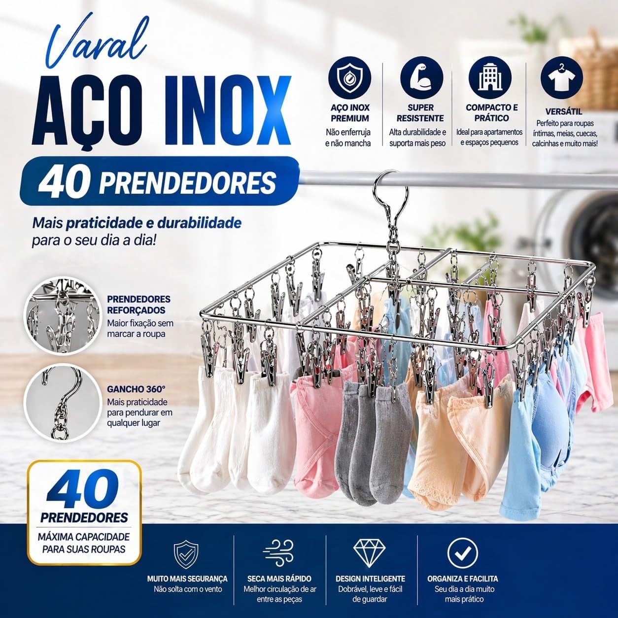 Varal Suspenso de Aço Inox Premium com 40 Prendedores para Meias, Calcinhas e Roupas Íntimas, Varal Quadrado Antiferrugem, Ideal para Apartamento, Lavanderia e Pequenos Espaços