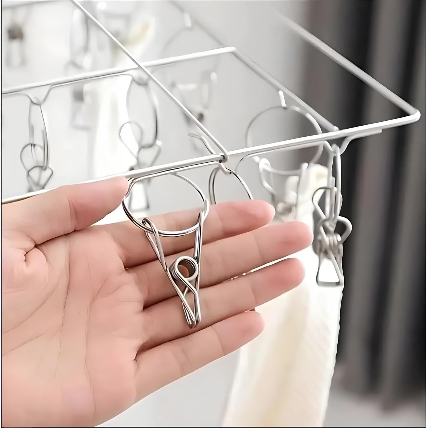 Varal Suspenso de Aço Inox Premium com 40 Prendedores para Meias, Calcinhas e Roupas Íntimas, Varal Quadrado Antiferrugem, Ideal para Apartamento, Lavanderia e Pequenos Espaços